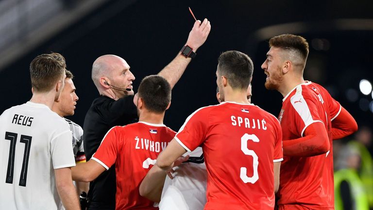 Milan Pavkov was shown a straight red for a dangerous tackle on Leroy Sane