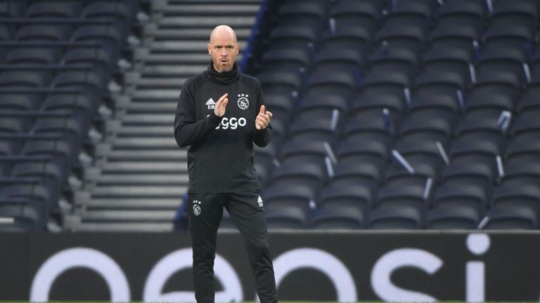 Ajax manager Erik ten Hag oversees training at the Tottenham Hotspur Stadium