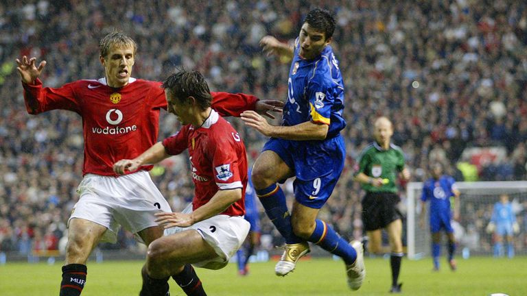 Jose Antonio Reyes is marked by both Gary and Phil Neville in Man Utd's infamous win over Arsenal in 2004, which ended the Gunners' 49-game unbeaten run
