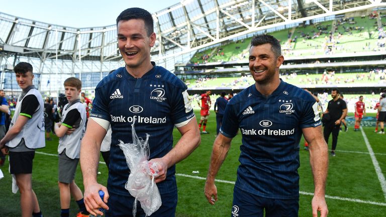 Jonathan Sexton and Rob Kearney celebrate after the Champions Cup semi-final