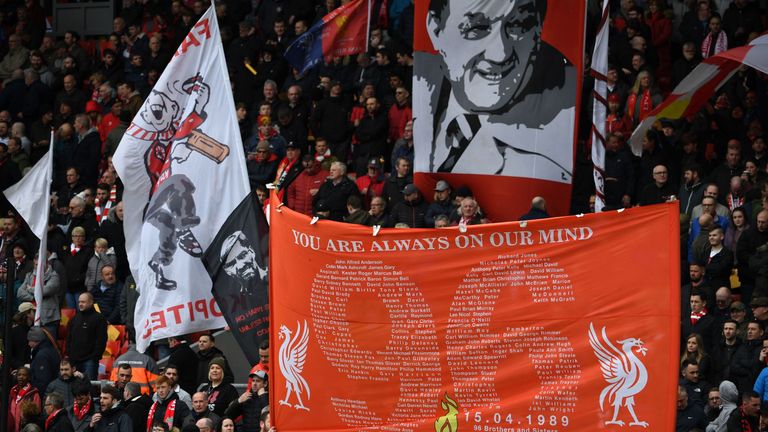 Liverpool fans pay tribute to the victims of the Hillsborough disaster