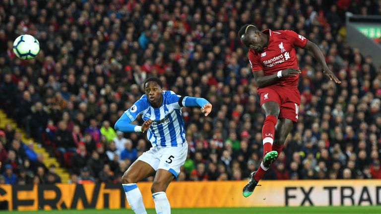 Sadio Mane scores with his head against Huddersfield last season, one of 22 headed goals Liverpool have scored since August 2018