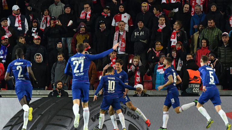 Chelsea celebrates after Marcos Alonso's 86th minute strike