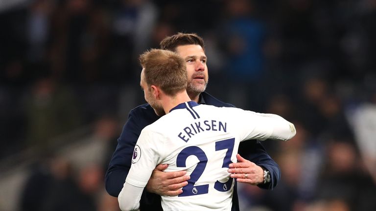 Mauricio Pochettino celebrates with Christian Eriksen after the 2-0 victory over Crystal Palace