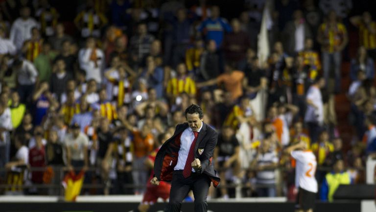 Emery returned to Valencia in 2014 as Sevilla boss - here he is celebrating an injury-time winner which helped his new club reach the Europa League final on away goals