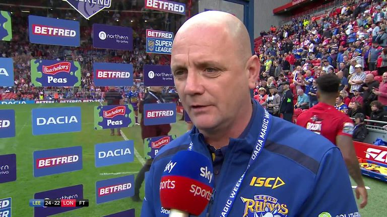 Richard Agar talks to Sky Sports after his Leeds Rhinos side's 24-22 victory over London Broncos in Magic Weekend at Anfield