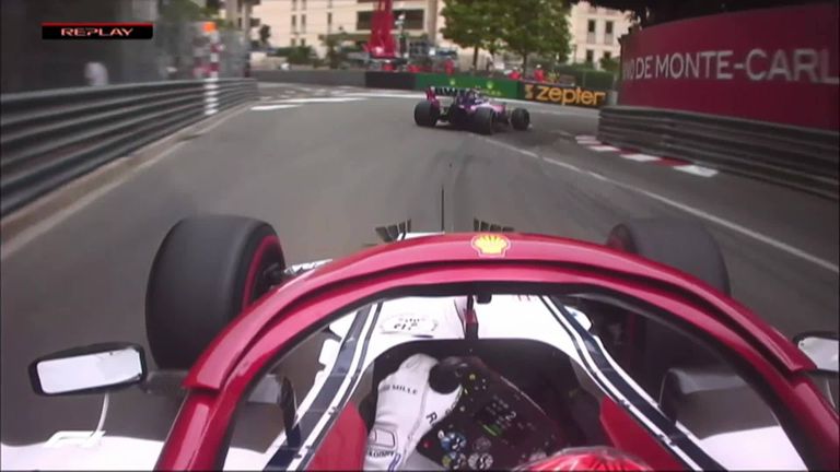 Kimi Raikkonen is a little angry down at the hairpin after a battle with Lance Stroll, who locked up, ran wide and then moved across to cover the oncoming Alfa Romeo