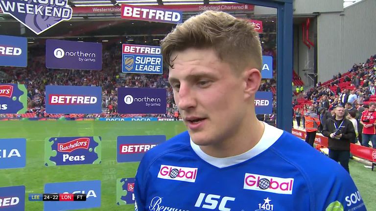 Man of the match Liam Sutcliffe chats to Sky Sports after Leeds' win over London in Magic Weekend at Anfield. 