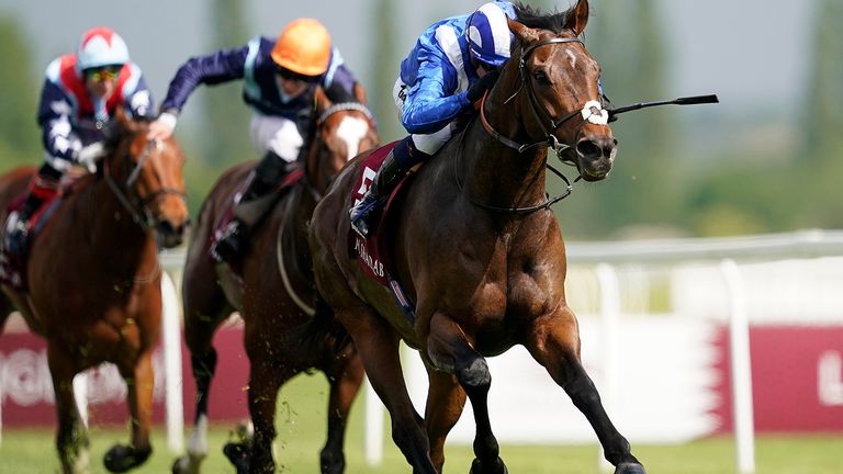 Jim Crowley riding Mustashry to win the Lockinge