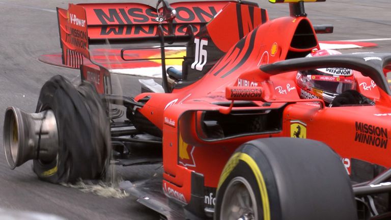 Leclerc's Ferrari spun by itself as he hit the barrier with its right-rear