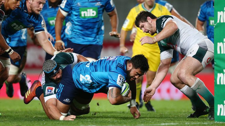 Akira Ioane is stopped just short of the try-line in the Blues' draw with the Bulls