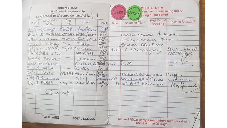 Joshua's amateur boxing data from 2010 to 2011 includes a win against Joe Joyce