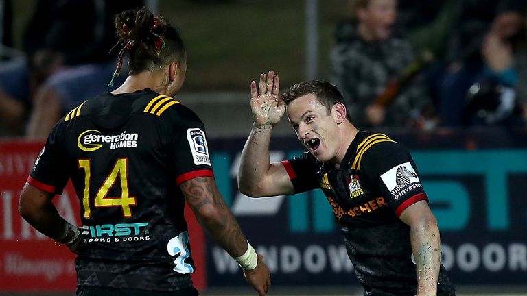 Brad Weber celebrates his try for the Chiefs
