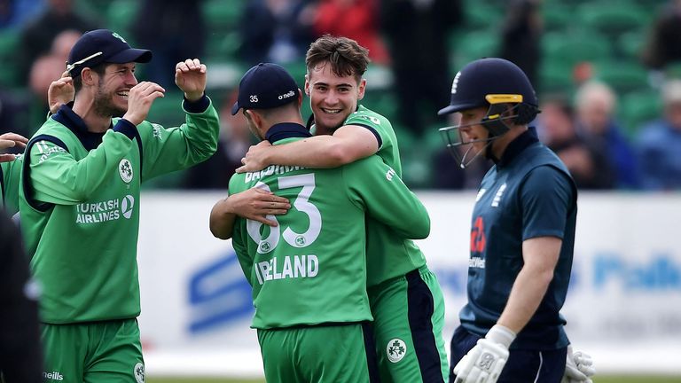 Little celebrates the wicket of Morgan at Malahide