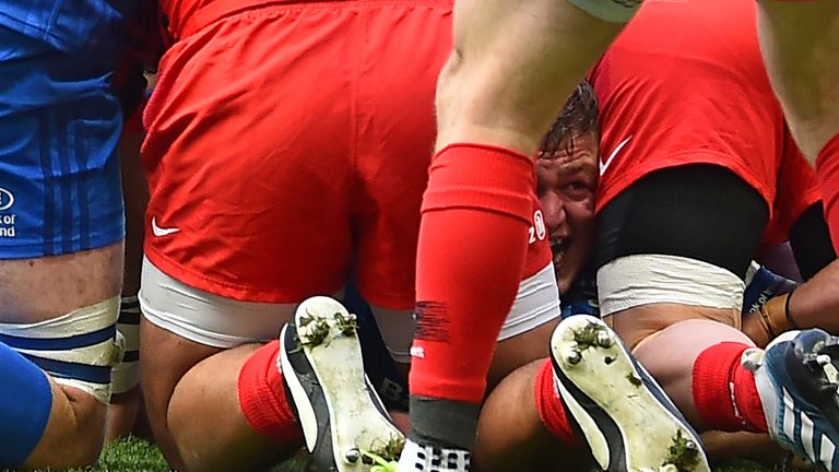 Furlong (visible through the Saracens players) showed tremendous power to get over the line