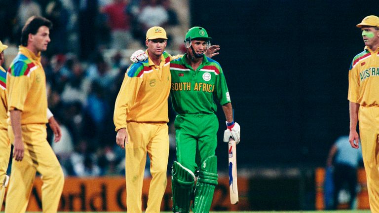 Kepler Wessels, of South Africa, is congratulated by Australia's Dean Jones (left)