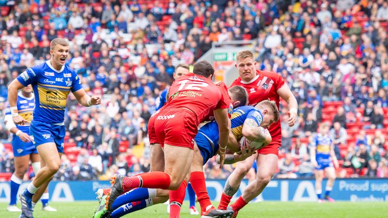 Liam Sutcliffe forced his way over for Leeds' first try of the match