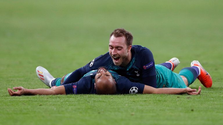 Lucas Moura celebrates with Christian Eriksen after his last-gasp winner