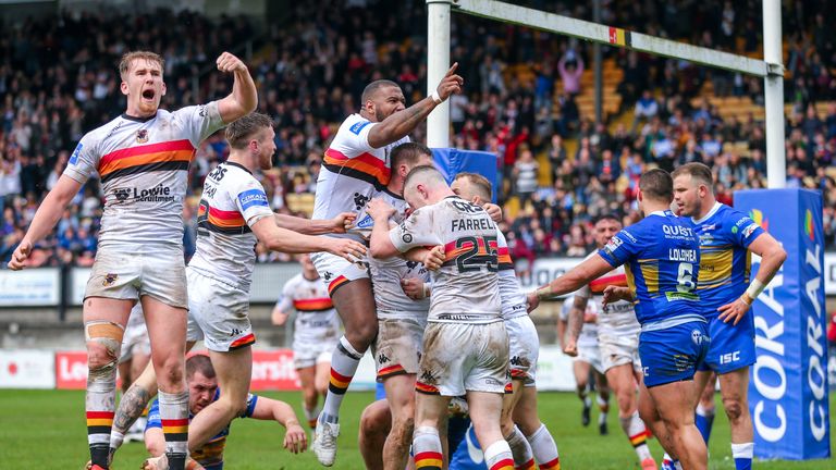 Bradford players celebrate Mikey Wood's try during a pulsating first half