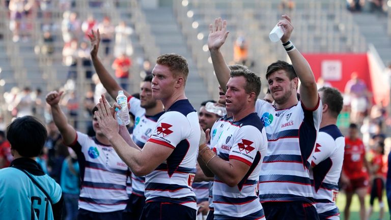 The Rebels celebrate their convincing win over the Sunwolves in Japan