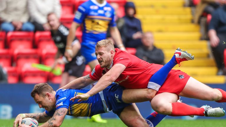 Richie Myler goes over for his second-half try for Leeds