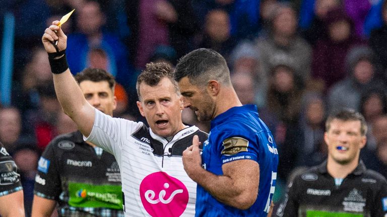 Rob Kearney of Leinster is shown a yellow card by referee Nigel Owens
