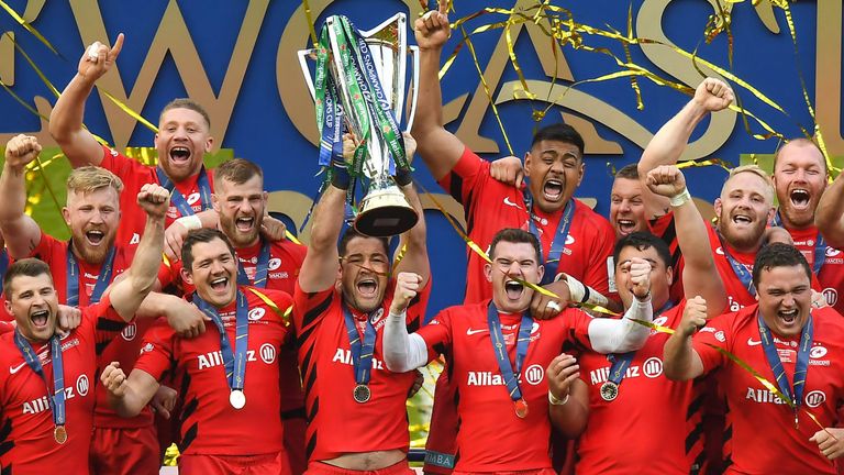 Saracens celebrate becoming the champions of Europe for the third time in their history after victory over Leinster in Newcastle