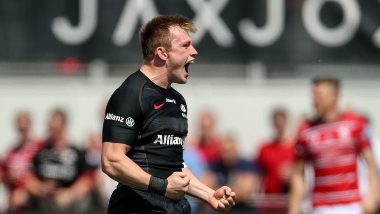 Saracens replacement Nick Tompkins scored a hat-trick as the home side registered a convincing semi-final win over Gloucester