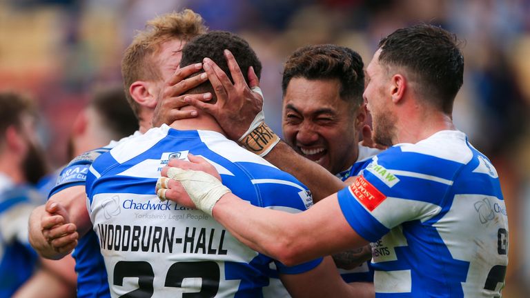 Halifax players celebrate their win over Bradford