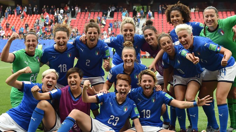 Italy celebrate after scoring a late winner against Australia at the Women's World Cup