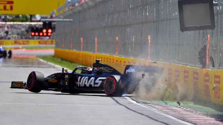 The Haas driver was arriving into the final chicane with some speed and hit the Wall of Champions before smashing into the pit wall!