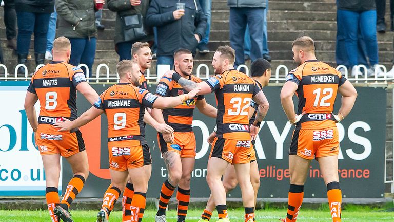 Castleford's Greg Minikin is congratulated after scoring the game's opening try 