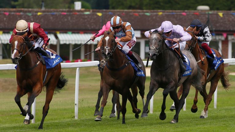Harry Bentley and Kurious win the Coral Charge at Sandown