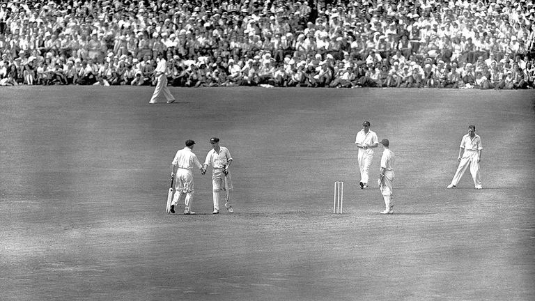Arthur Morris (182) and Don Bradman (173 not out) put together an extraordinary second-wicket stand