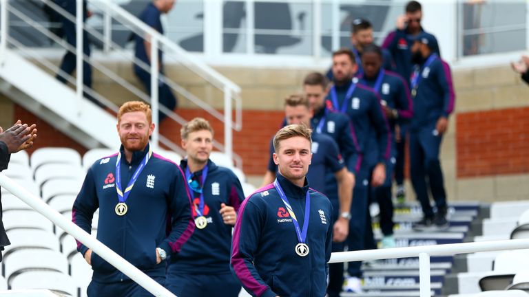 Jason Roy leads England out for the ICC World Cup Victory Celebration at The Kia Oval in July