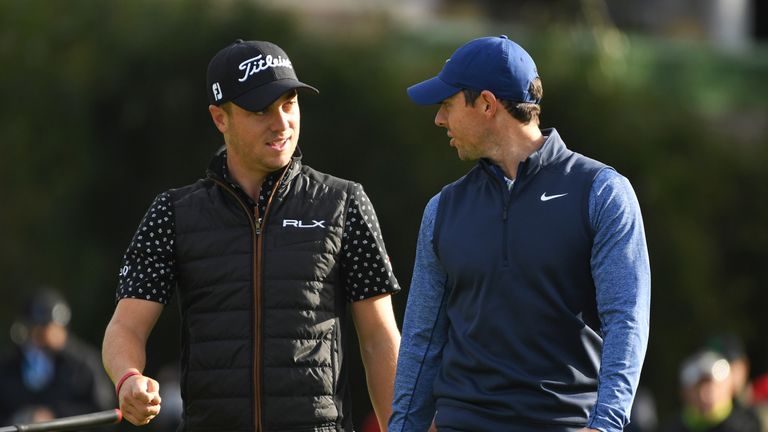 Justin Thomas chats to Rory McIlroy at the Genesis Open earlier this year