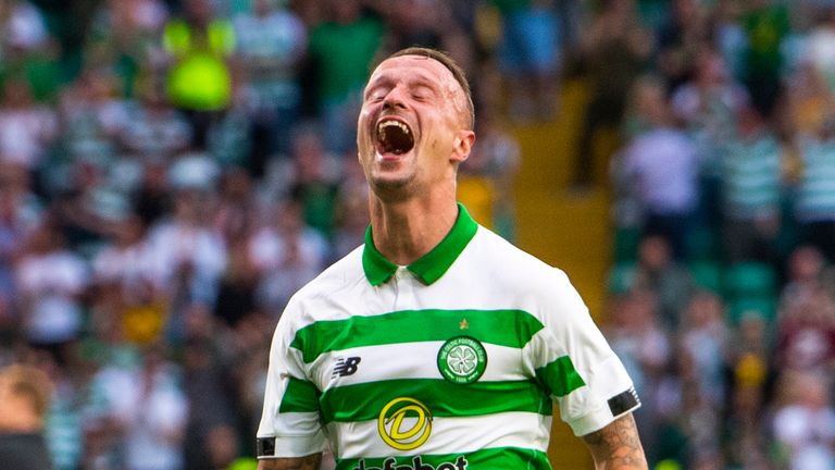 Leigh Griffiths celebrates after scoring to make it 3-0 on his return to Celtic's first team