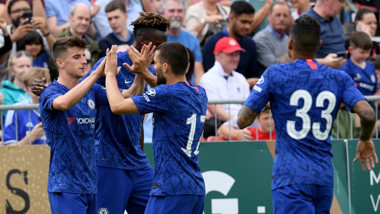 Mason Mount (left) celebrates opening the scoring for Chelsea