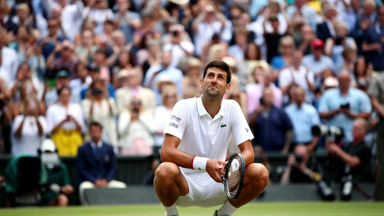 Djokovic takes in the surroundings at the end of the classic match on Centre Court