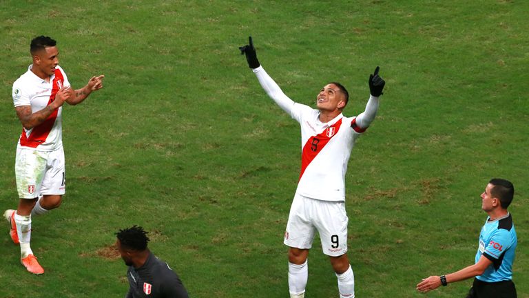 Paolo Guerrero celebrates his goal, Chile's third, to confirm their final place