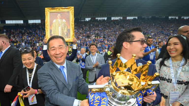 Aiyawatt Srivaddhanaprabha (right) succeeds his father Vichai (left) as chairman of Leicester City