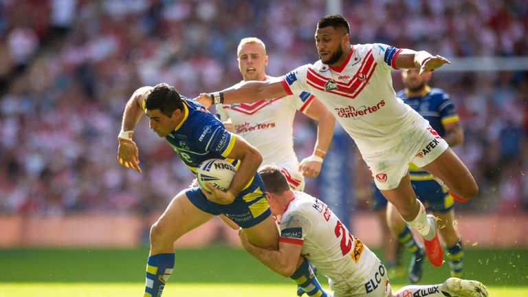 Bryson Goodwin on the charge for Warrington against St Helens
