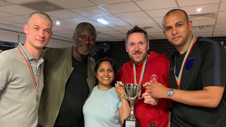 Ex-Charlton midfielder Paul Mortimer and FSF exec Anwar Uddin join Proud Valiants at the 2019 end-of-season Charlton vs Homophobia tournament