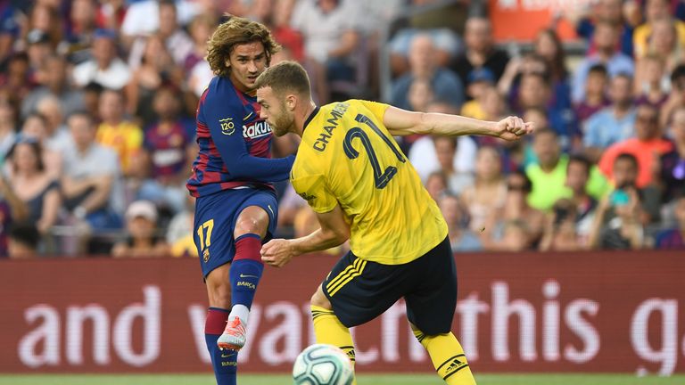 Antoine Griezmann was kept quiet by Arsenal in the first half at the Nou Camp