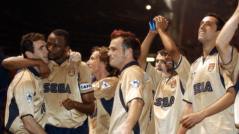 Keown and Edu celebrate winning the double for Arsenal in 2002