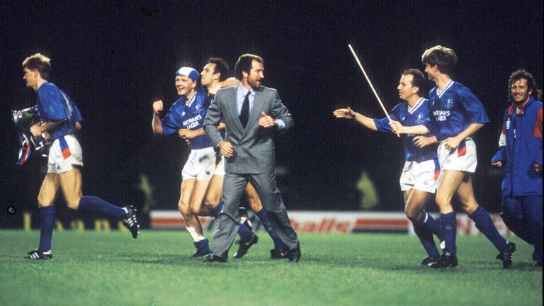 Souness celebrates with players after their League Cup final win over Celtic in 1990
