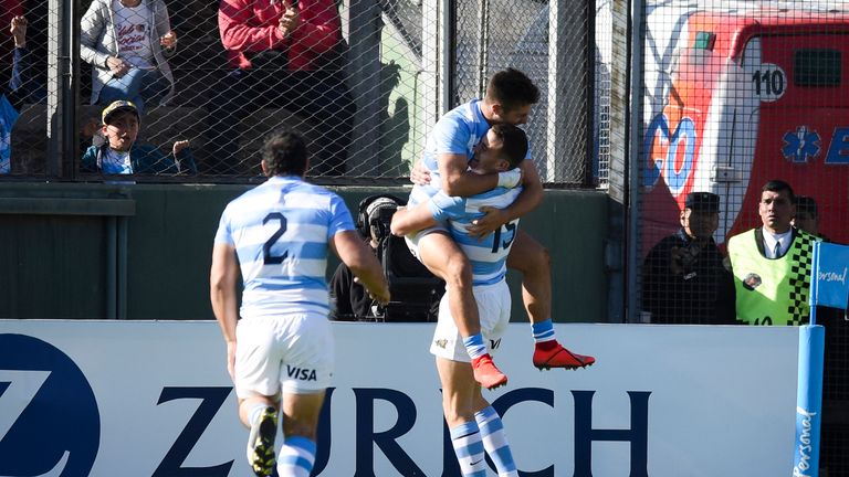 Santiago Cordero celebrates his try which gave Argentina an early lead