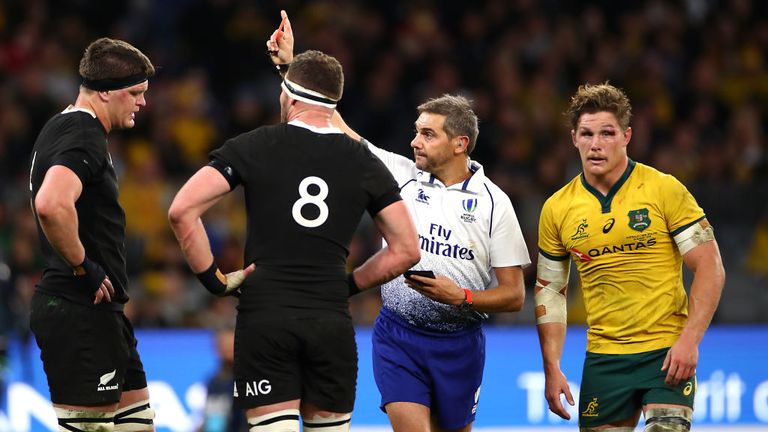 Scott Barrett receiving his red card just before half-time in Perth