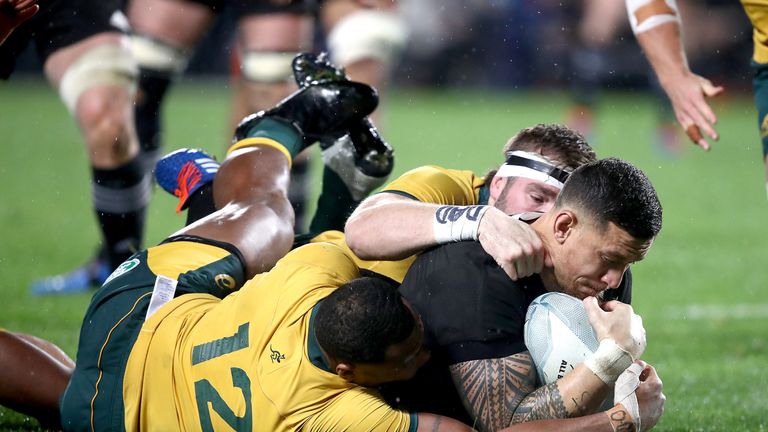 Sonny Bill Williams battled to get over for the first points of the second half 