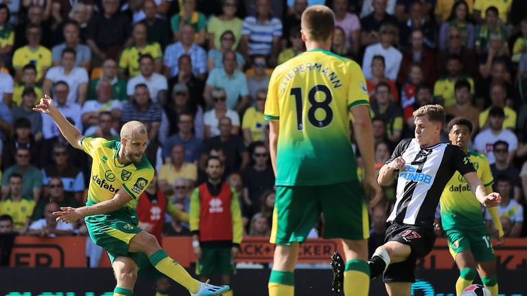 Teemu Pukki scores his second goal at Carrow Road
